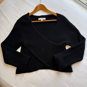 Loft Black Ribbed Wrap Front V-Neck Sweater Cotton Blend Cuffed Sleeve Small